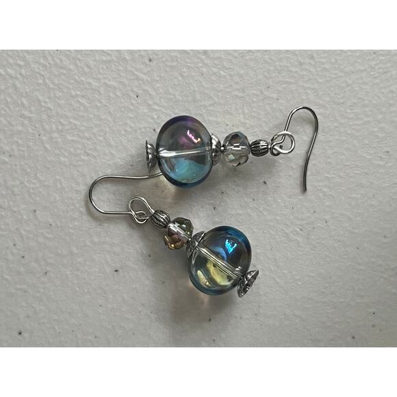 Iridescent Glass Dangle Handmade Earrings Futuristic Classic Unique - Picture 1 of 5